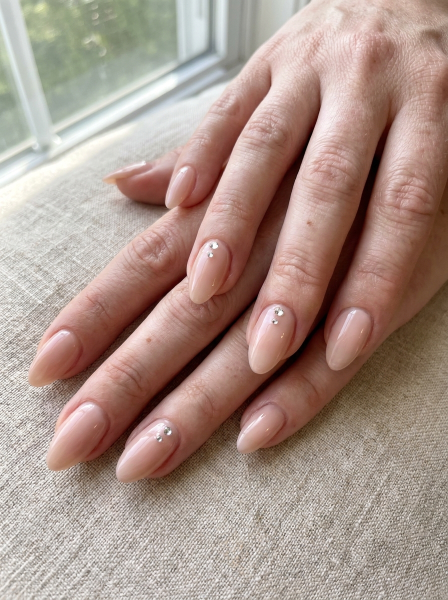 Nude Glassteinnägel mit kleinen funkelnden Kristallakzenten